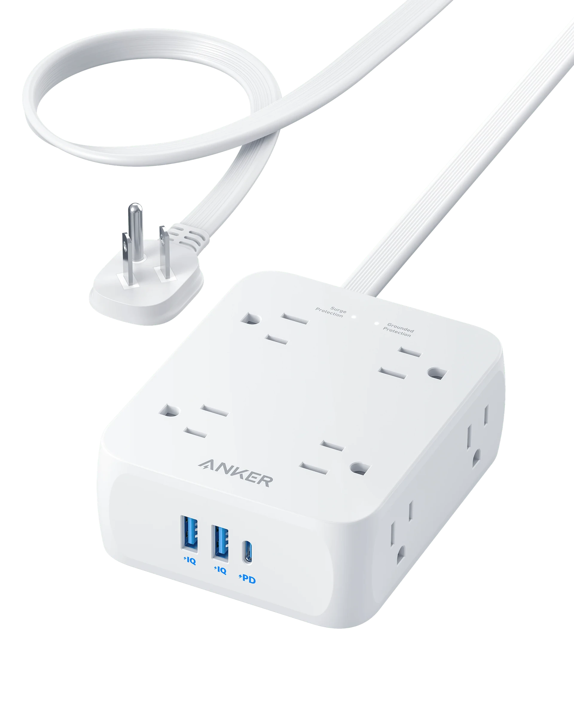 Anker surge protector with USB ports for multiple device charging.