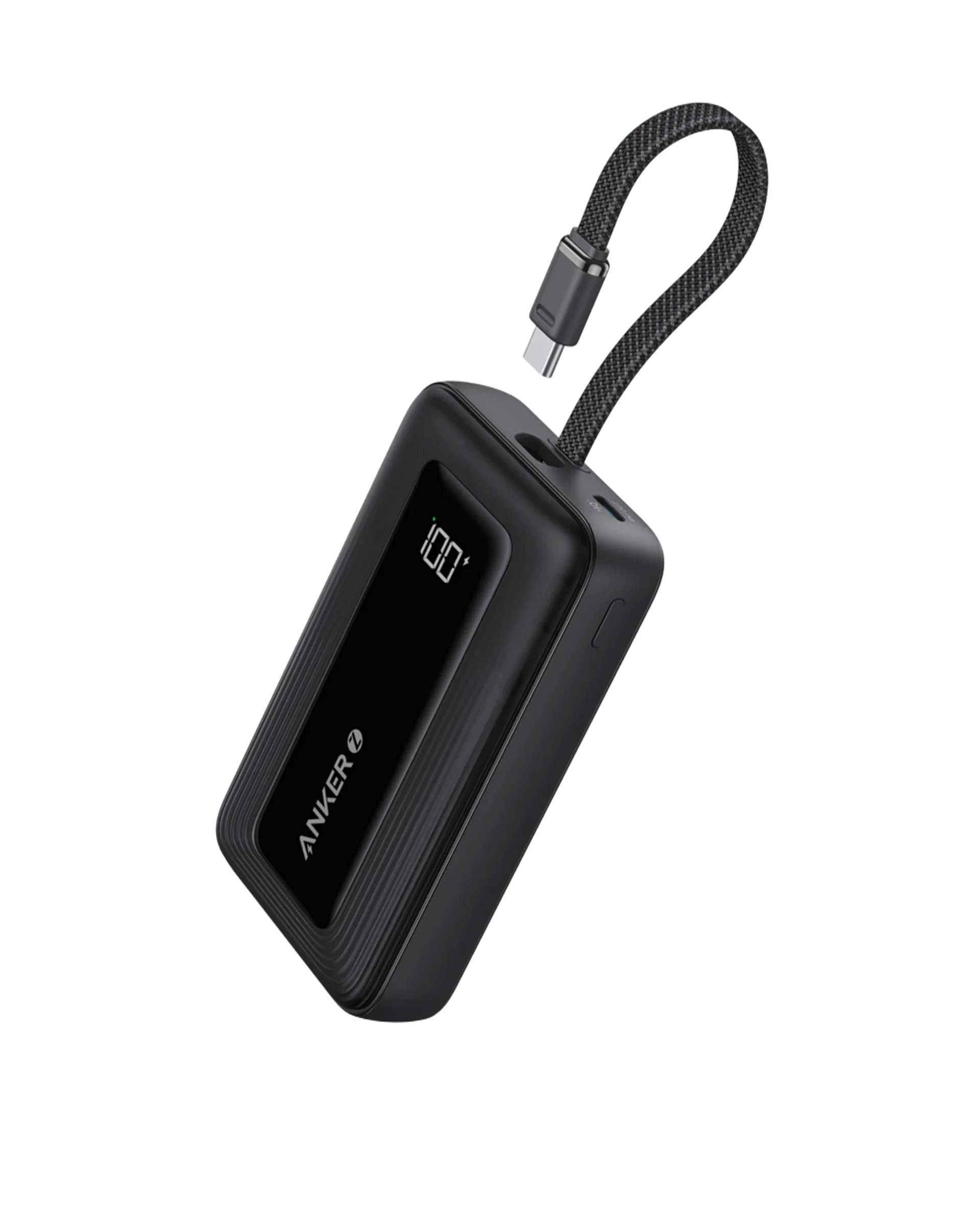 Anker with compact power bank, digital display showing 100
