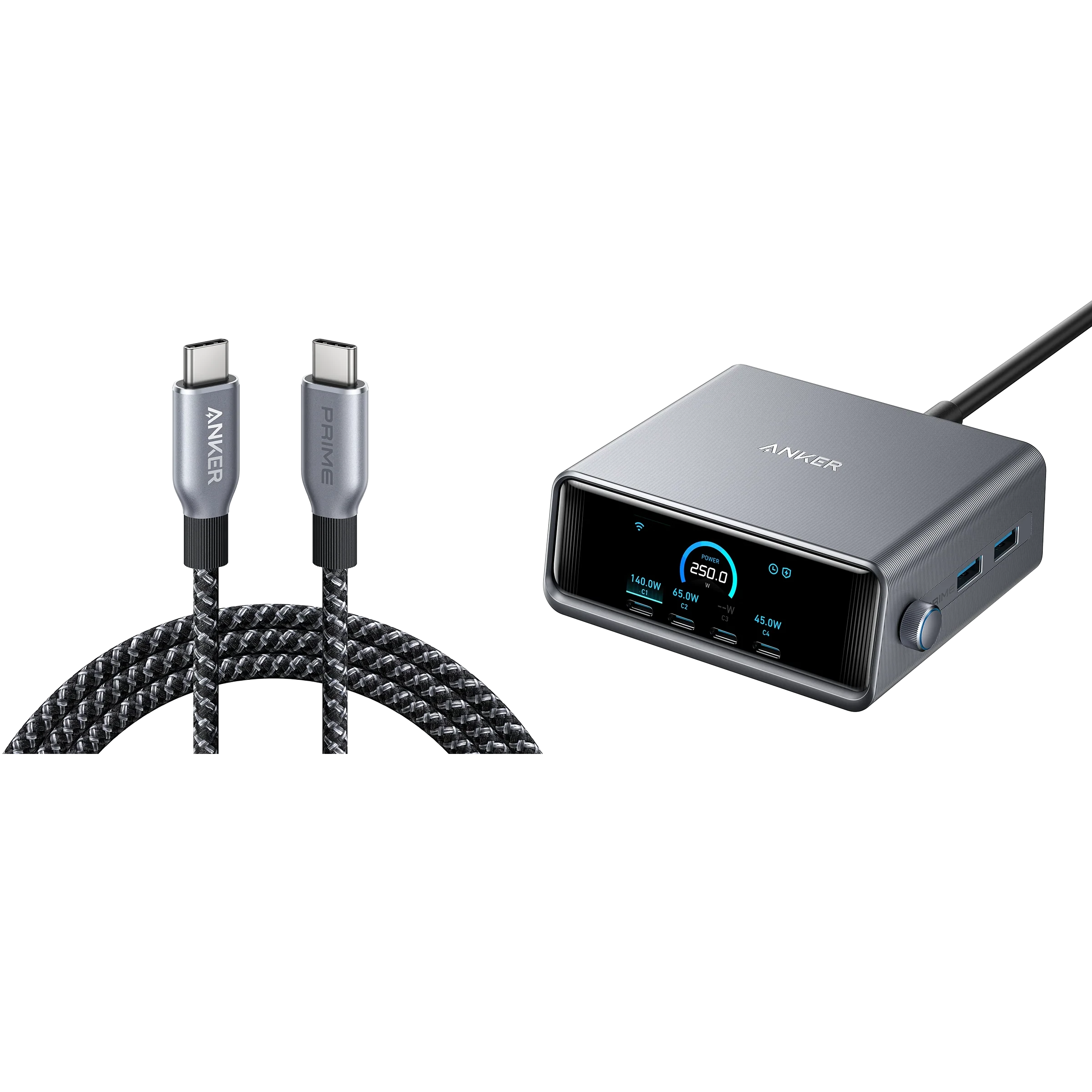 Anker Prime Charger (250W, 6 Ports, GaNPrime) with USB-C to USB-C Cable (240W)