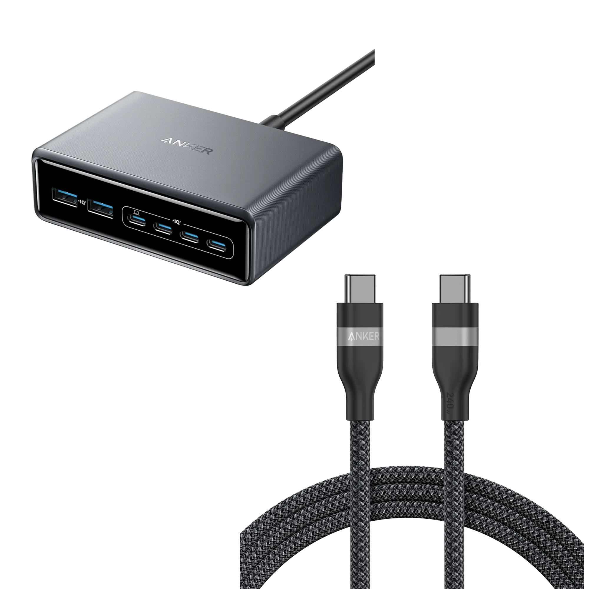 Anker Prime Charger (200W, 6 Ports, GaN) and Anker USB-C to USB-C Cable (6 ft, 240W, Upcycled-Braided)