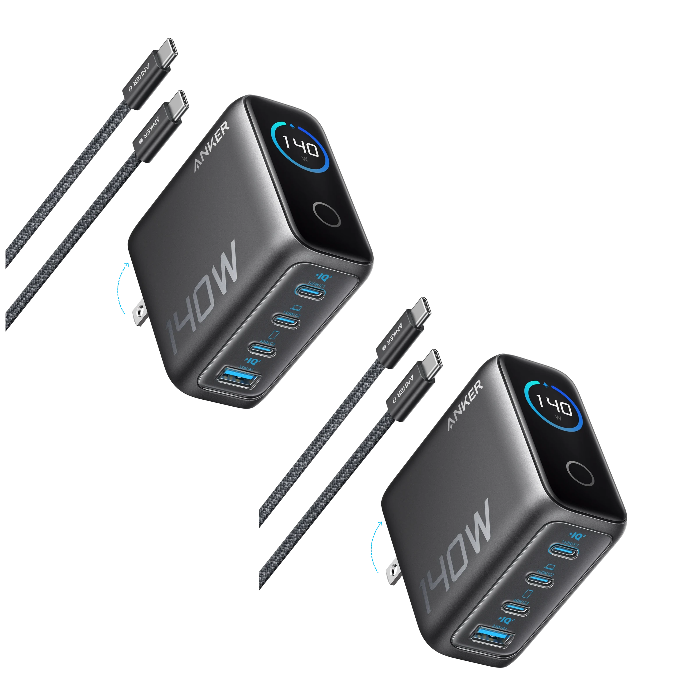 2-Pack Anker Laptop Charger (140W, 4-Port, PD 3.1) with 2-Pack USB-C Cable